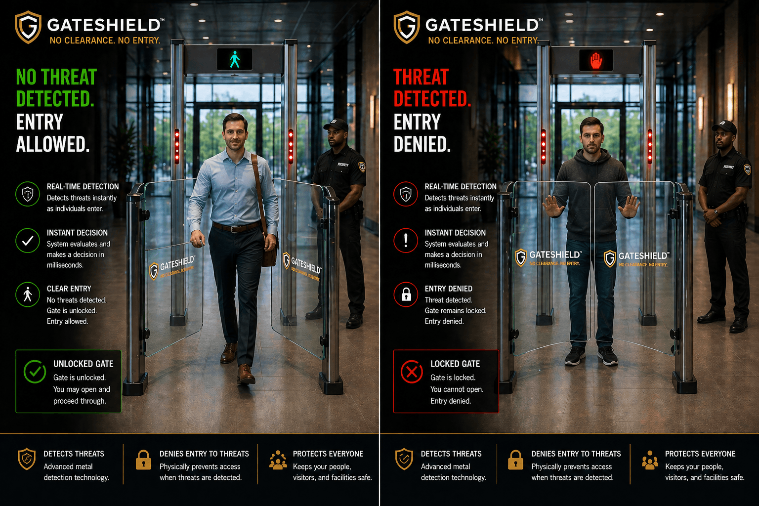 GateShield screening flow showing no-threat entry allowed and threat detected entry denied.