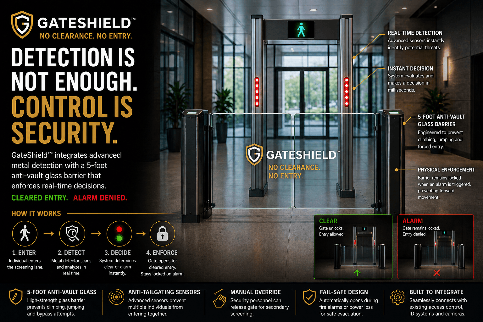 GateShield product overview showing detection, decision, physical enforcement, and core security features.