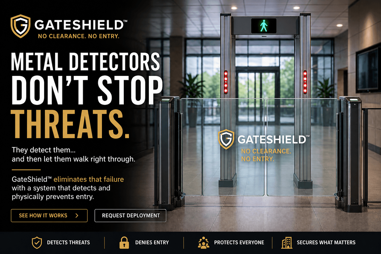 GateShield campaign visual showing that metal detectors detect threats but do not stop them without physical enforcement.